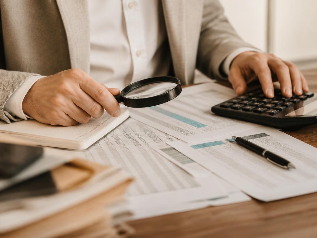 Profissional examinando planilhas contábeis com lupa e calculadora