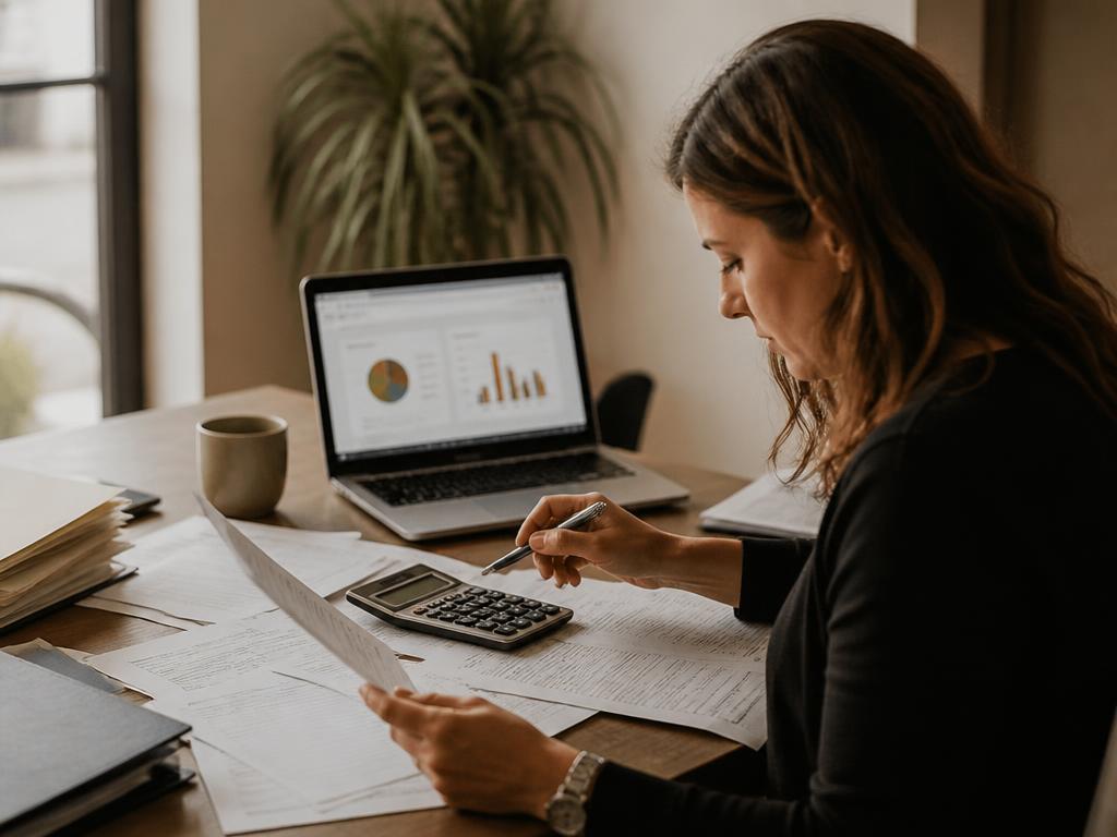 Contadora revisando documentos fiscais com calculadora e relatórios no notebook