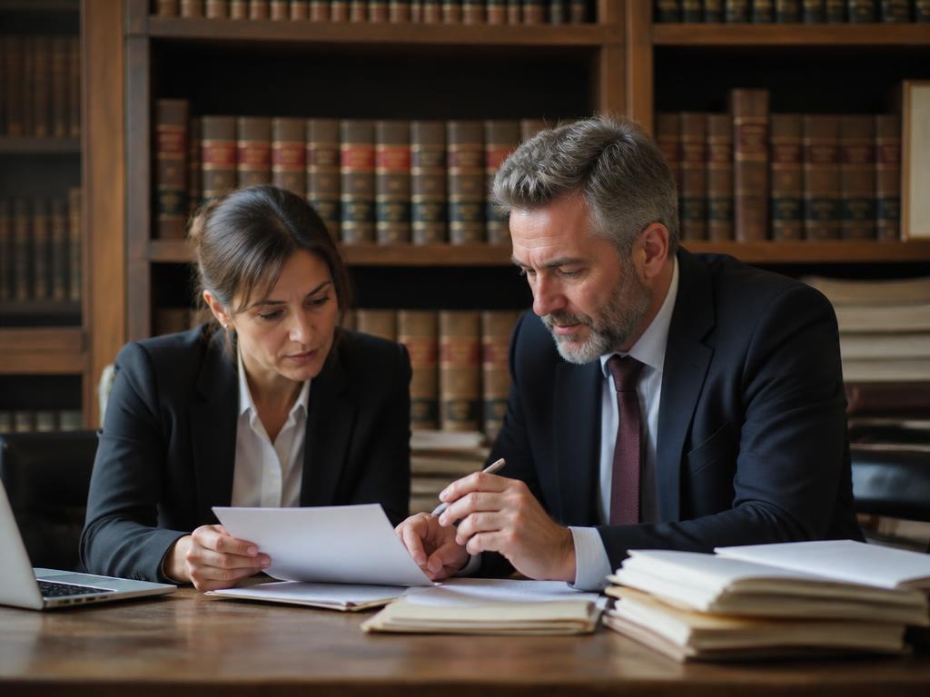 Advogados analisando documentos em biblioteca jurídica