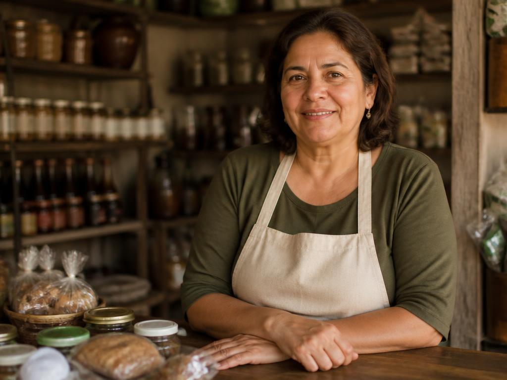 Proprietária de pequeno negócio atendendo no balcão de sua loja