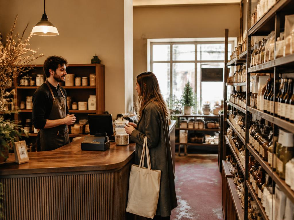 Interior de um comércio com prateleiras de produtos e balcão de atendimento